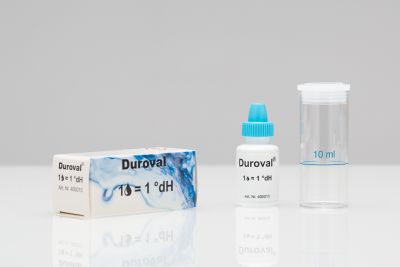 DUROVAL® 1 Tropfen = 1 °dH Tropfenzähl-Test, Verpackung mit Zubehör zur Wasserhärtebestimmung